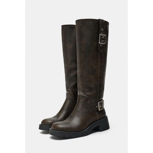Zara Brown Leather Knee High Riding Boots With Buckle Women Size US 11 EU 42 - Picture 1 of 16